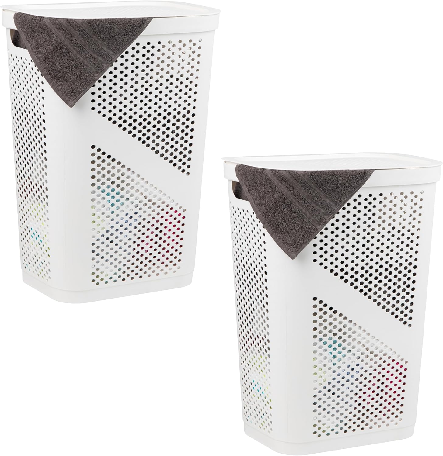 Mind Reader 60L Slim Laundry Hamper, Clothes Basket, Lid, Ventilated, Plastic, Set of 2, Tan