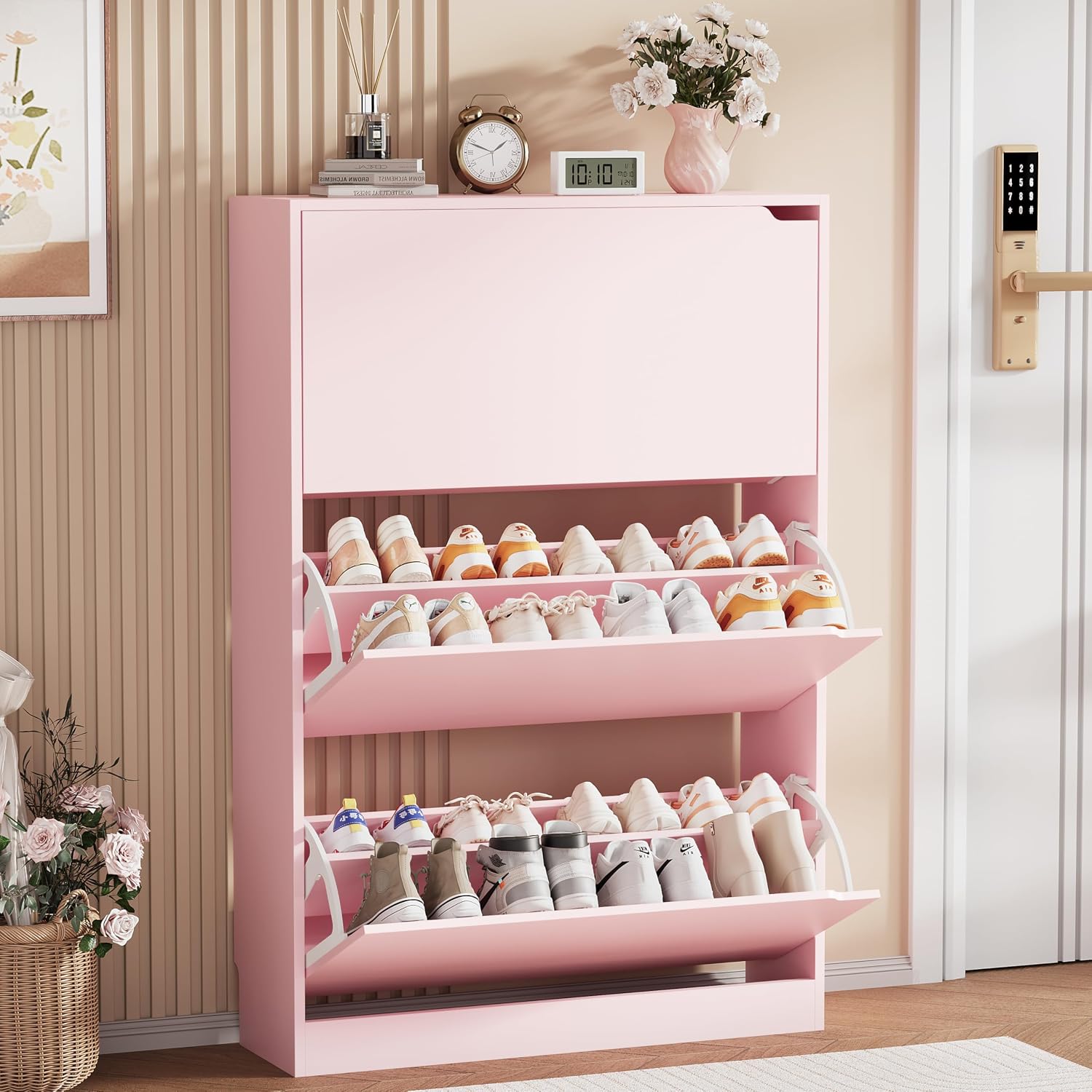 Shoe Storage Cabinet, Wood Shoe Organizer for Entryway with 3 Flip Drawers, Freestanding Shoe Rack with Adjustable Shelf