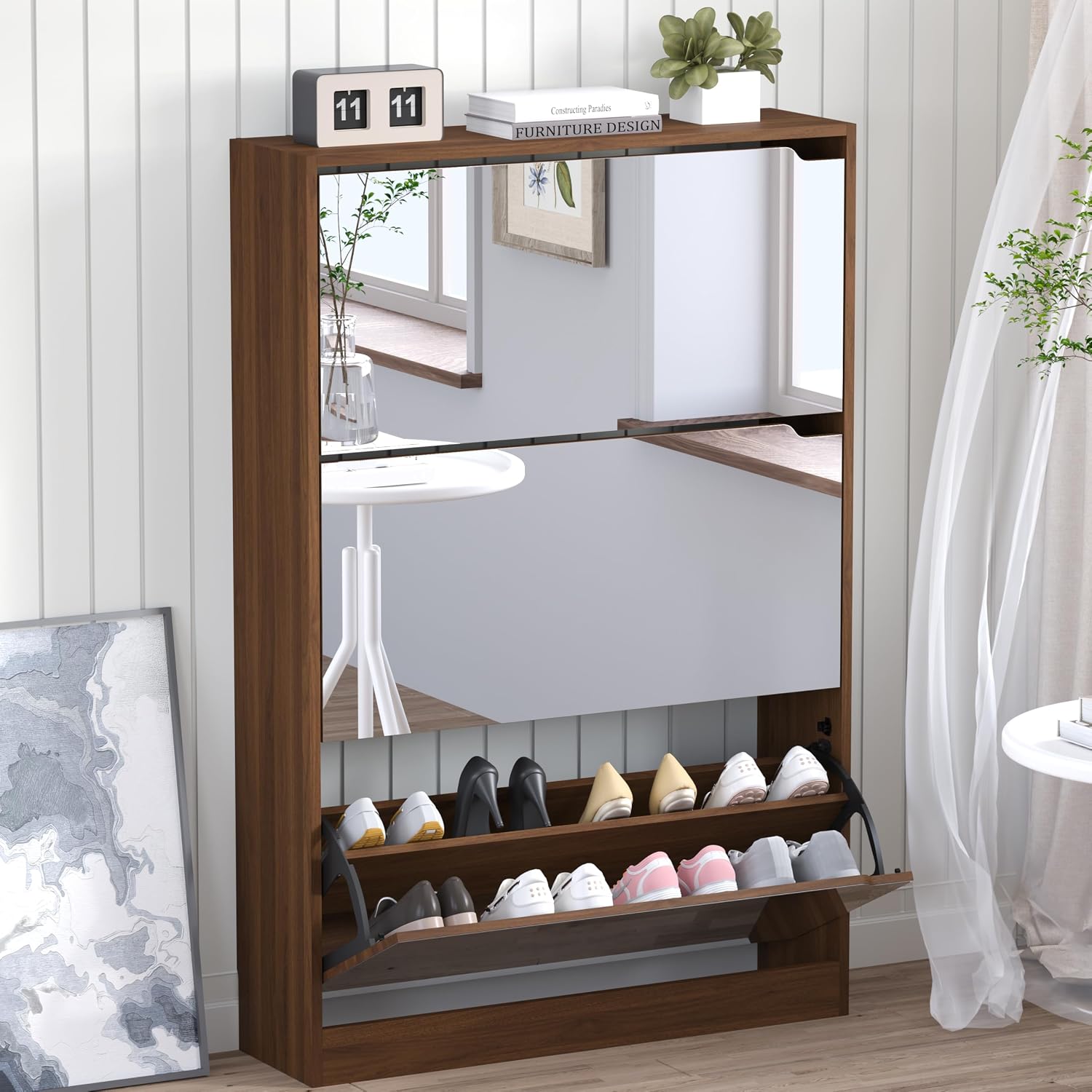 BORNOON Shoe Cabinet with 3 Flip Drawers, Hidden Wood Shoe Cabinet, Freestanding Shoe Storage Cabinet for Entryway Hallway.White. 47.2" H*31.5" W*9