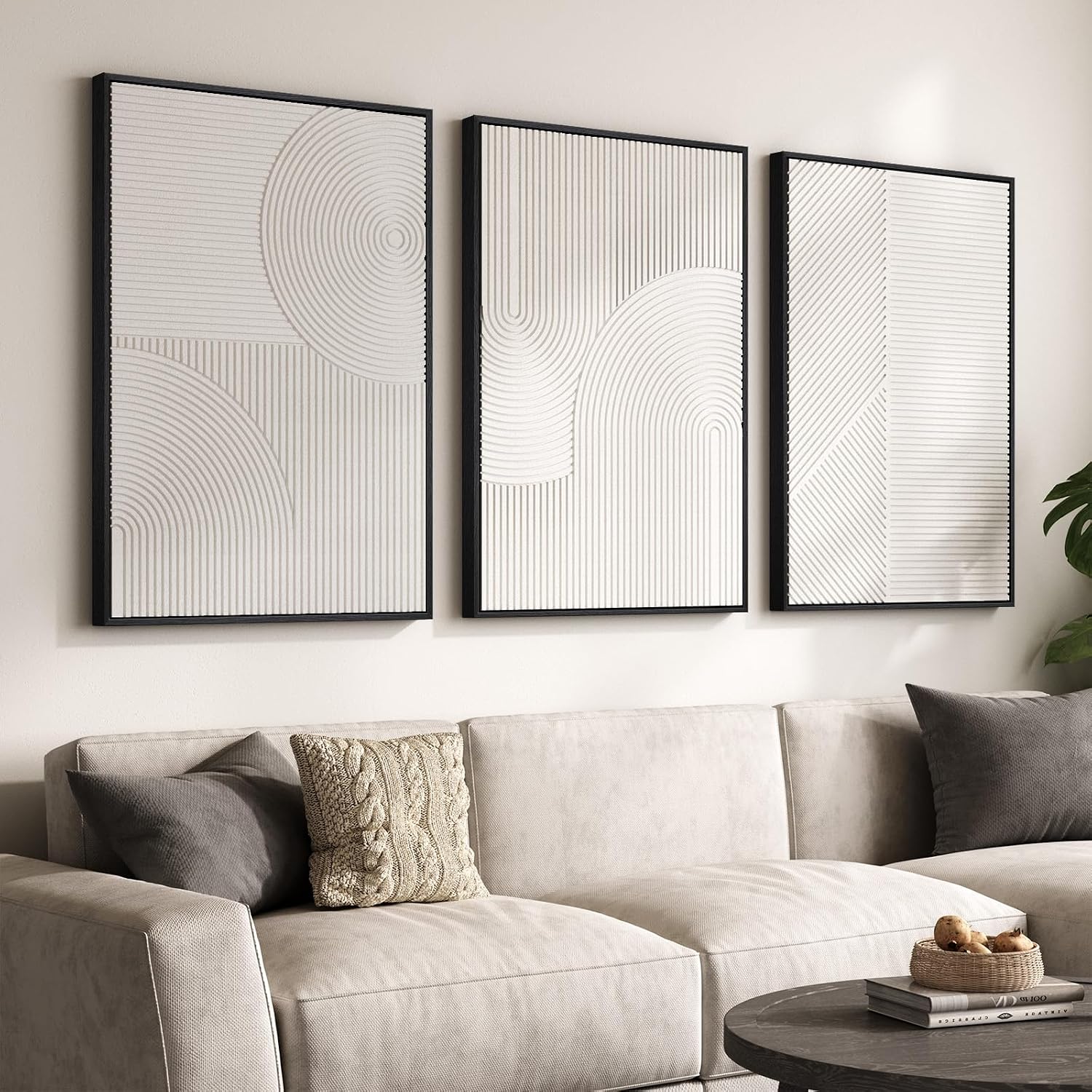 Large 3D Textured Framed Boho Modern Neutral Abstract Wall Art for Living Room, 3 Piece Black White Brown Paintings Artwork for Walls