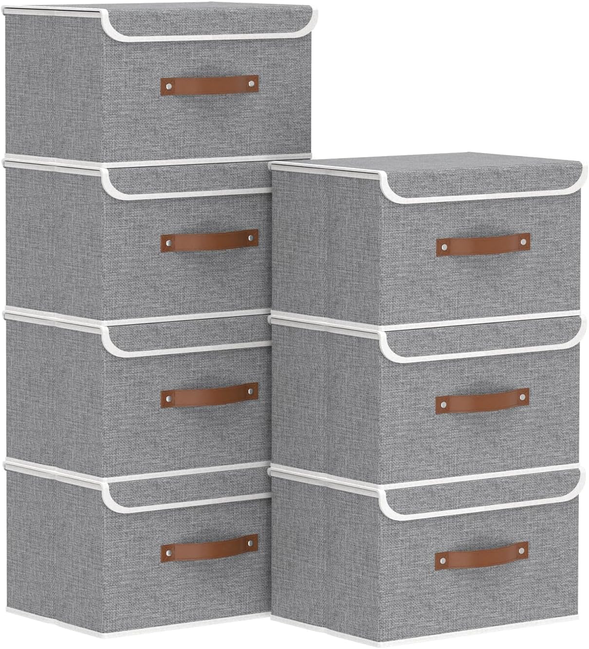Yawinhe Storage Bins with Lids, Beige, 17.7x11.8x11.8in, 5-Pack, Fabric Container with Leather Handle, Washable Home Basket