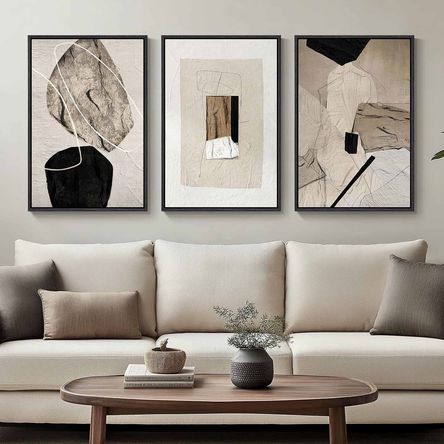 Large Framed Neutral Abstract Wall Art for Living Room, 3 Piece Modern Canvas Prints Paintings Artwork for Walls