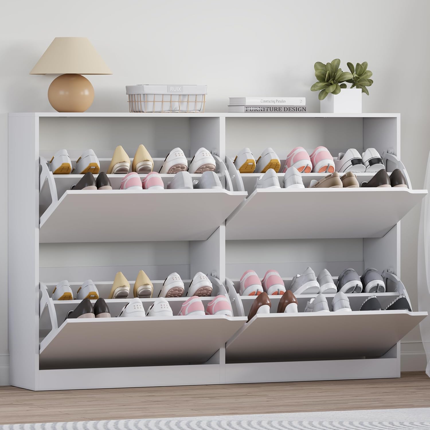 BORNOON Shoe Cabinet with Odor Control and Back Panels, Deodorizing Slim 3-Flip Shoe Storage Cabinet for Entryway