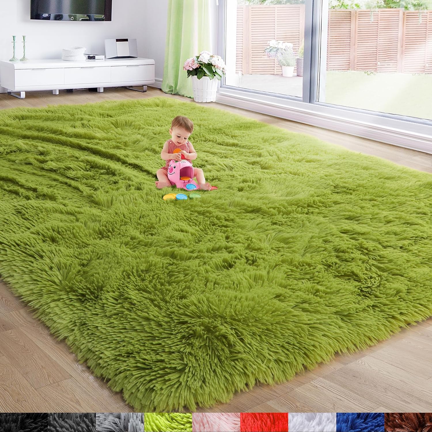 Amdrebio Grass Green Rugs for Living Room Bedroom Decor Aesthetic, 9x12 Large Fluffy Shag Area Rug for Kids Room Baby Nursery Teen Girls Boys