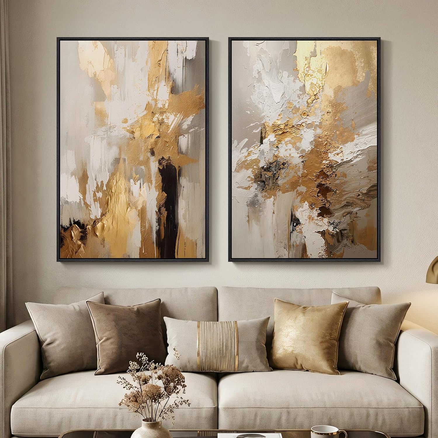 Large Framed Neutral Abstract Wall Art for Living Room, Set of 2 Black and Beige Modern Canvas Prints Paintings Artwork for Walls