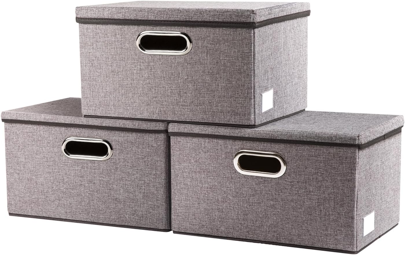 PRANDOM Large Collapsible Storage Bins with Lids 3-Pack Linen/Cotton Blend Foldable Storage Boxes Organizer Containers Baskets Cube with Cover for