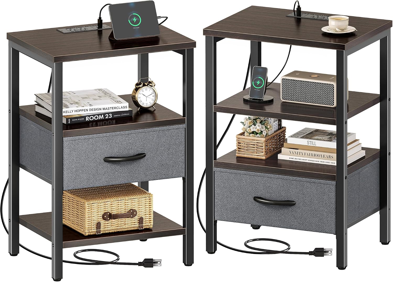 SUPERJARE Nightstand Set of 2, Bed Side Tables with Charging Station, Adjustable Fabric Drawer, Night Stand for Bedroom, 3-Tier Storage End Tables