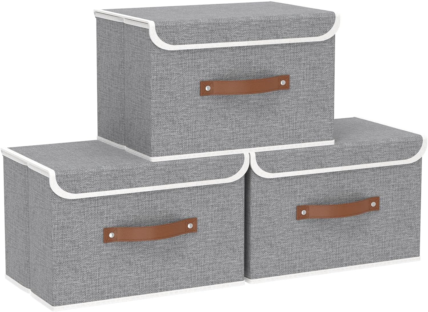 Yawinhe Storage Bins with Lids, Beige, 17.7x11.8x11.8in, 5-Pack, Fabric Container with Leather Handle, Washable Home Basket