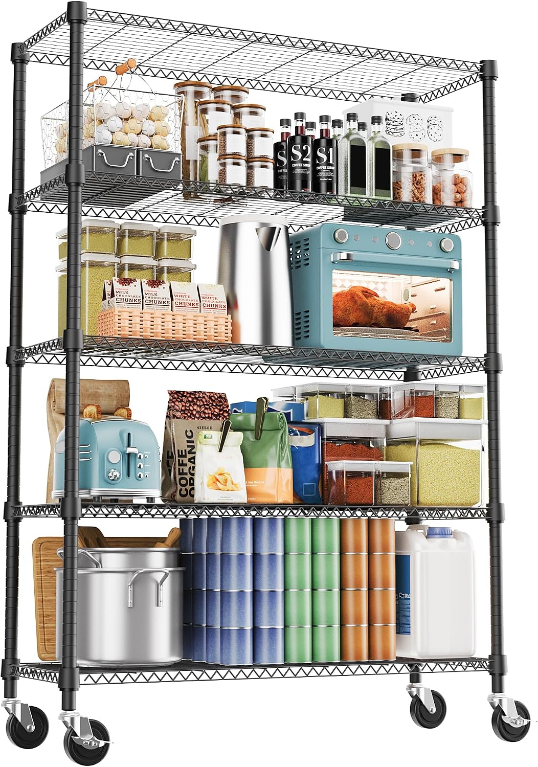 M MZG 1250 lbs 5 Tier Shelf Metal Storage Shelves Wire Rack Closet Organizers with Wheel for Garage Kitchen Bathroom Laundry Chrome 13.7" D x 23.6" W