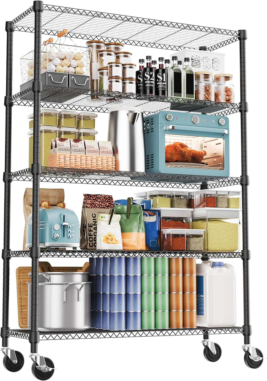 M MZG 5-Shelf Storage Shelves, Wire Shelving Heavy Duty Metal Storage Shelving Unit Adjustable Garage Shelving Rack Pantry Kitchen (Chrome, 4 Tier
