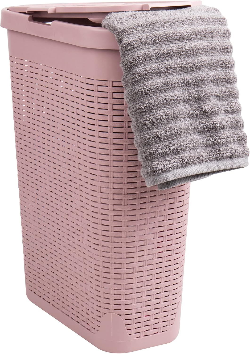 Mind Reader Slim Laundry Hamper with Lid, 40L Clothes Basket, Narrow Tapered Design with Ventilated Cutout Pattern, Plastic, White