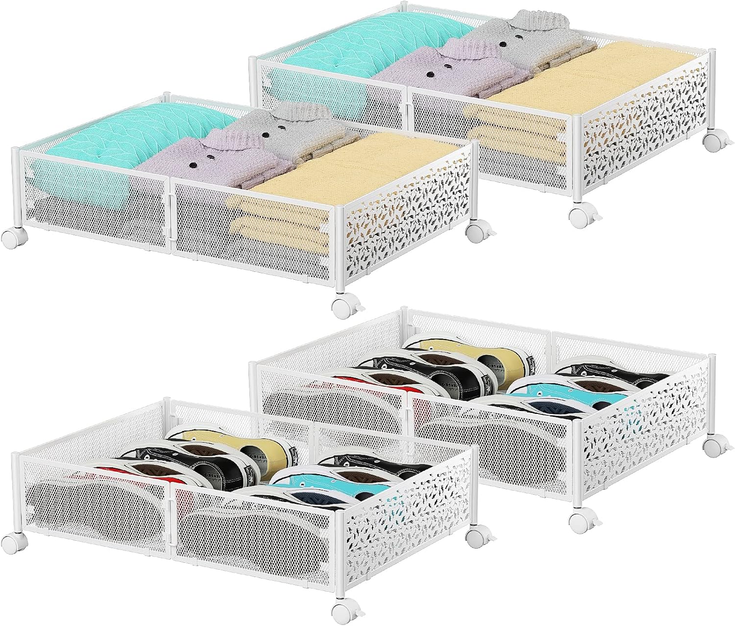 Under Bed Stroage Container with wheels, Patterned, Metal, 2 Pack, Black, Tool-free assembly, glide smoothly, easy reach, foldable