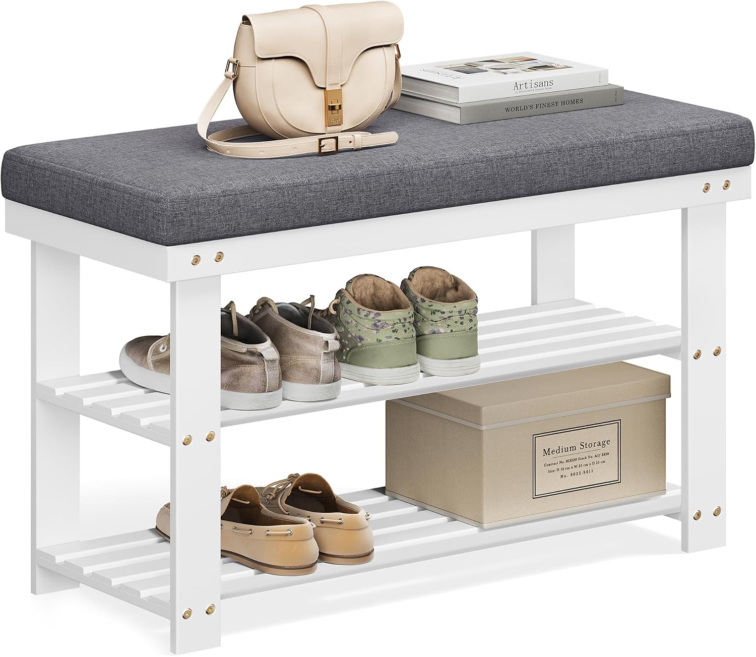 SONGMICS Bamboo Shoe Bench, 3-Tier Shoe Rack Organizer for Entryway, Living Room, Bench Seat Holds Up to 300 lb, 11.9 x 28.3 x 19.2 Inches