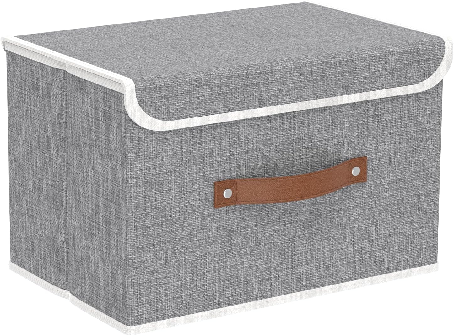 Yawinhe Collapsible Storage Boxes, Linen Fabric Baskets, Bin with lid and Leather Handle, Washable, for Home, Closet, Beige, 17.7''Lx11.8''Wx11.8''H