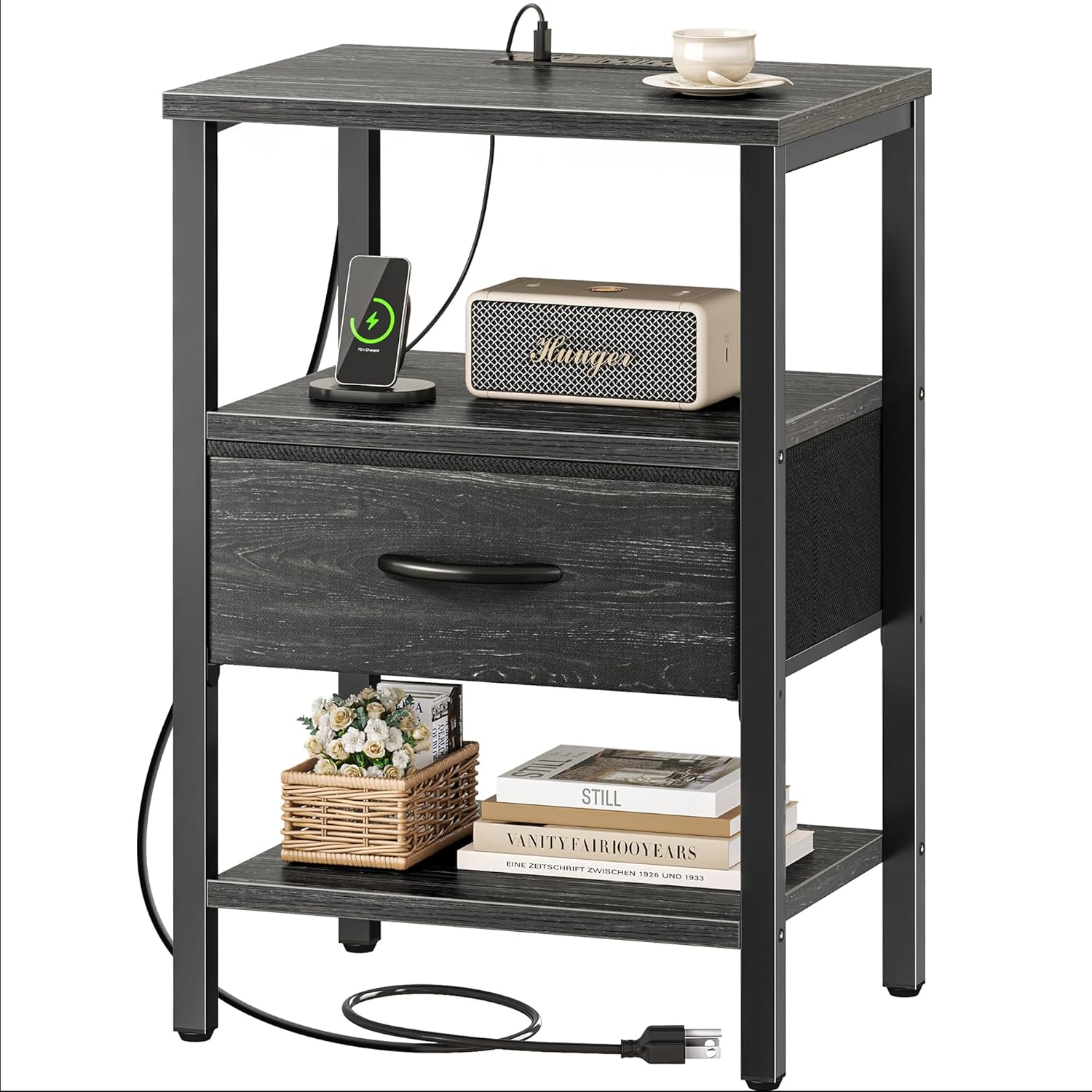 SUPERJARE Nightstand Set of 2, Bed Side Tables with Charging Station, Adjustable Fabric Drawer, Night Stand for Bedroom, 3-Tier Storage End Tables