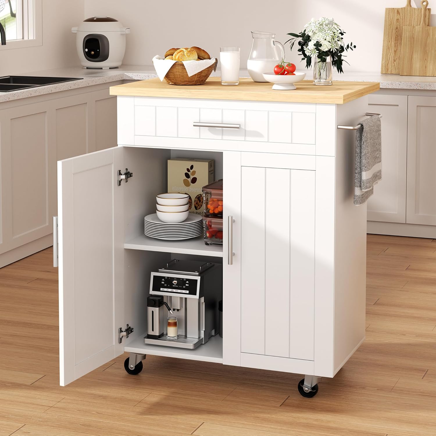 Shintenchi Kitchen Island Cart with Storage, Rolling Side Table on Wheels with Worktop, Single Door Cabinet and Drawer for Dining Room, White