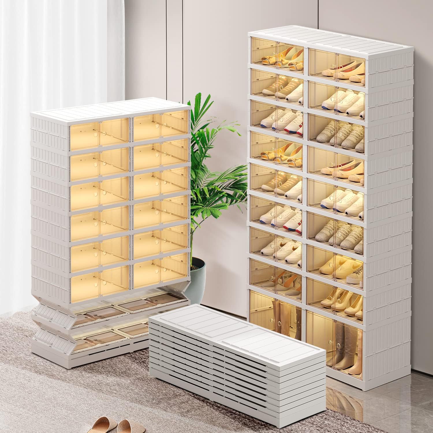 6-Tier Foldable Shoe Rack, Magnetic Doors, 12 Pairs, White, Collapsible Plastic Shoe Cabinet, Stackable, Clear Doors, Bottom Wheels, Fits Boots