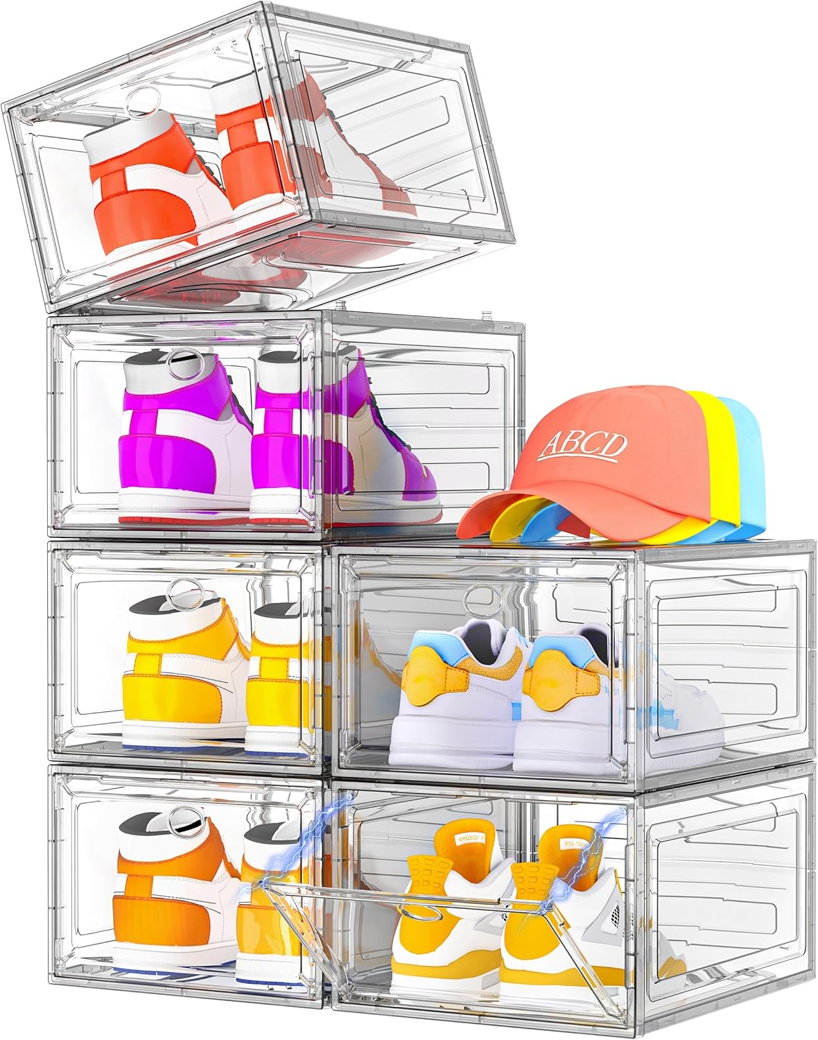 7 code Thicken and Sturdy Clear Shoe Storage Organizer with Magnetic Door, Stackable Boxes for Closet, Foldable Shoe Rack for Sneaker Boot Container