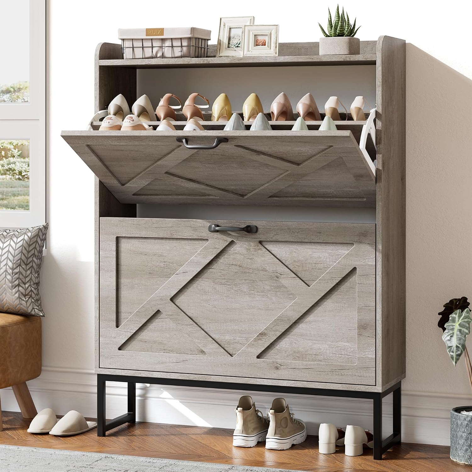 Shoe Cabinet with 2 Flip Drawers, Entryway Organizer, Chestnut, Slim Wood Shoe Rack with Metal Legs, Farmhouse Shoe Cabinet Storage for Entryway