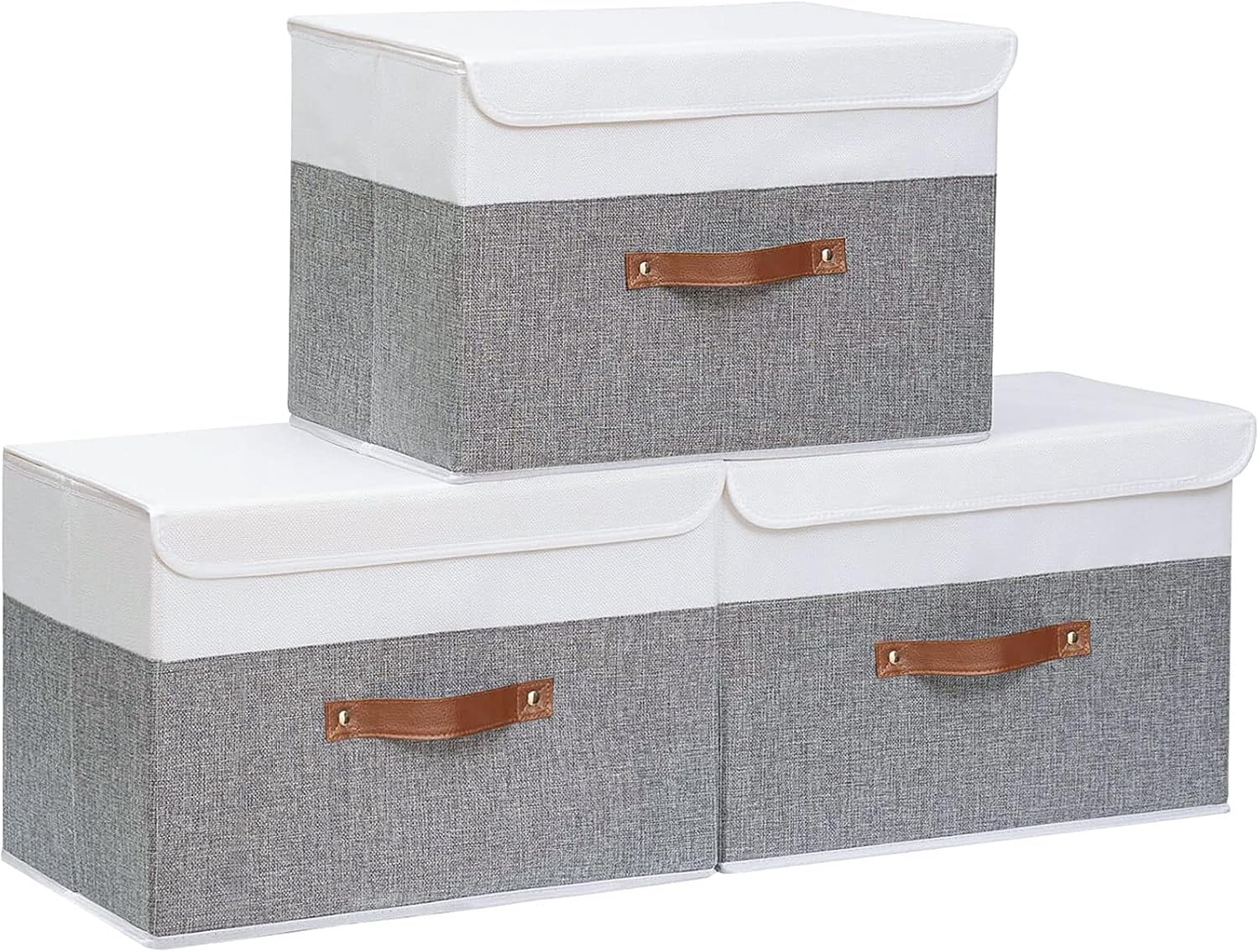 Yawinhe Collapsible Storage Boxes, Linen Fabric Baskets, Bin with lid and Leather Handle, Washable, for Home, Closet, Beige, 17.7''Lx11.8''Wx11.8''H