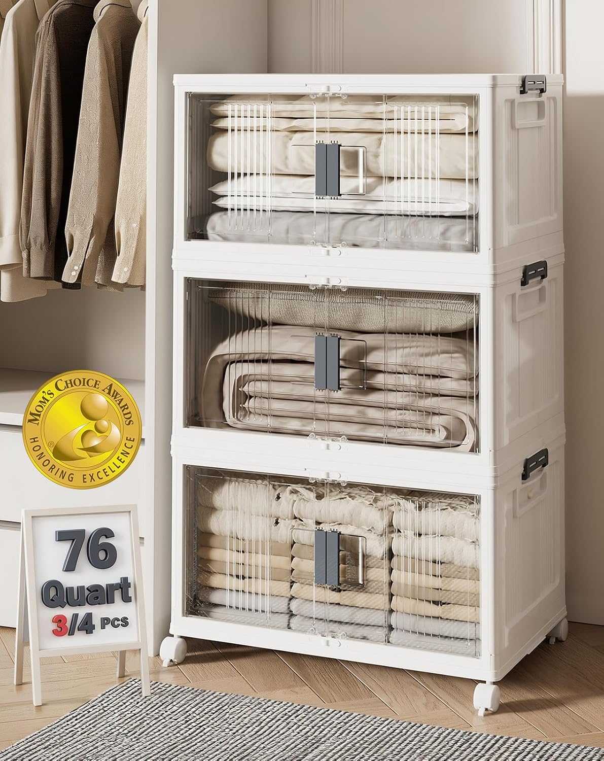 OlarHike 144QT Lockable Storage Bins with Lids - Folding Cabinet with Doors and Wheels, Collapsible Plastic Drawers for Dorm, Closets, Office