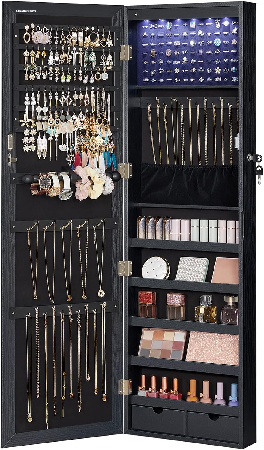 SONGMICS 6 LEDs Mirror Jewelry Cabinet, 47.2-Inch Tall Lockable Wall or Door Mounted Jewelry Armoire Organizer with Mirror, 2 Drawers