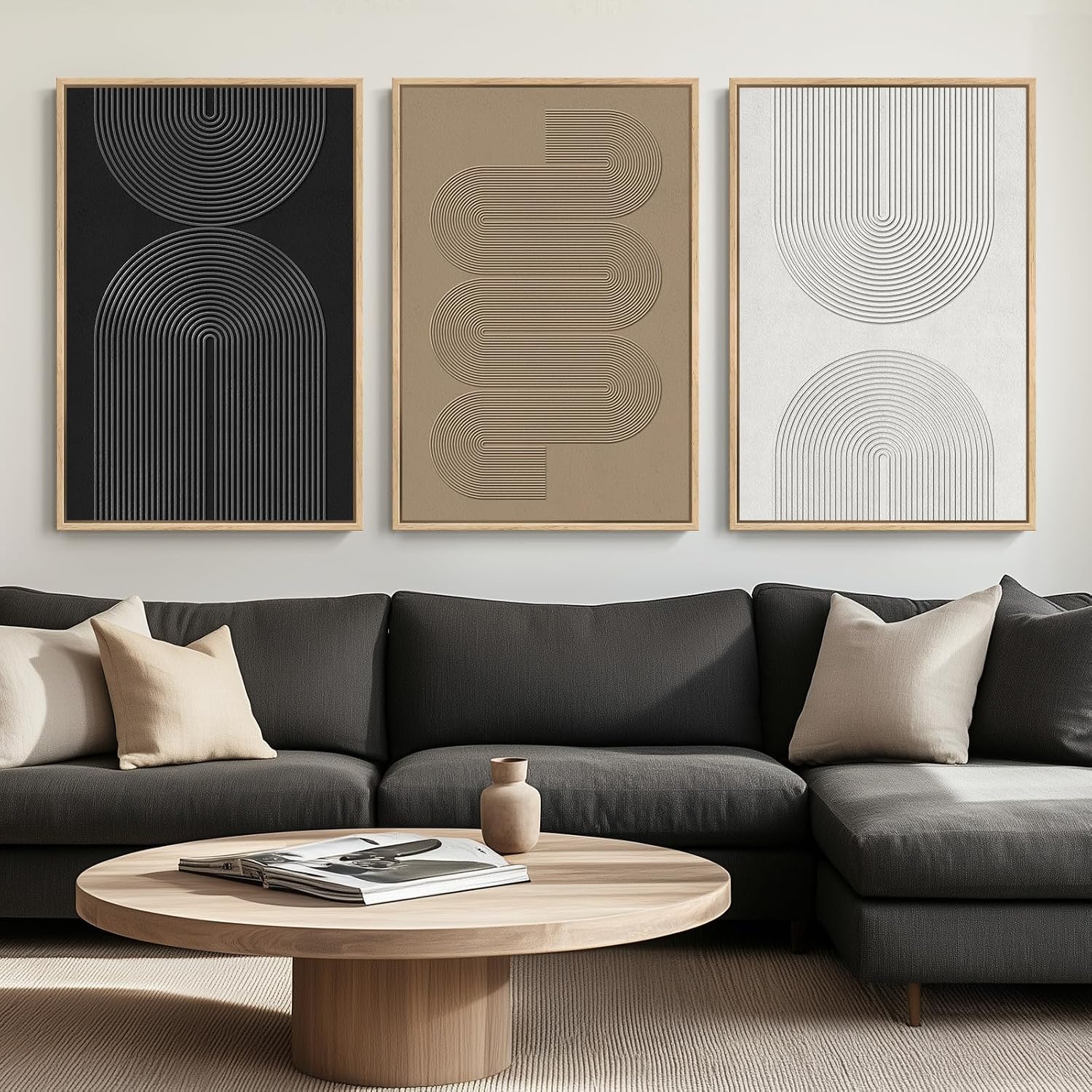 Large Framed Boho Modern Neutral Abstract Wall Art for Living Room, 3 Piece Black and White Canvas Prints Paintings Artwork for Walls