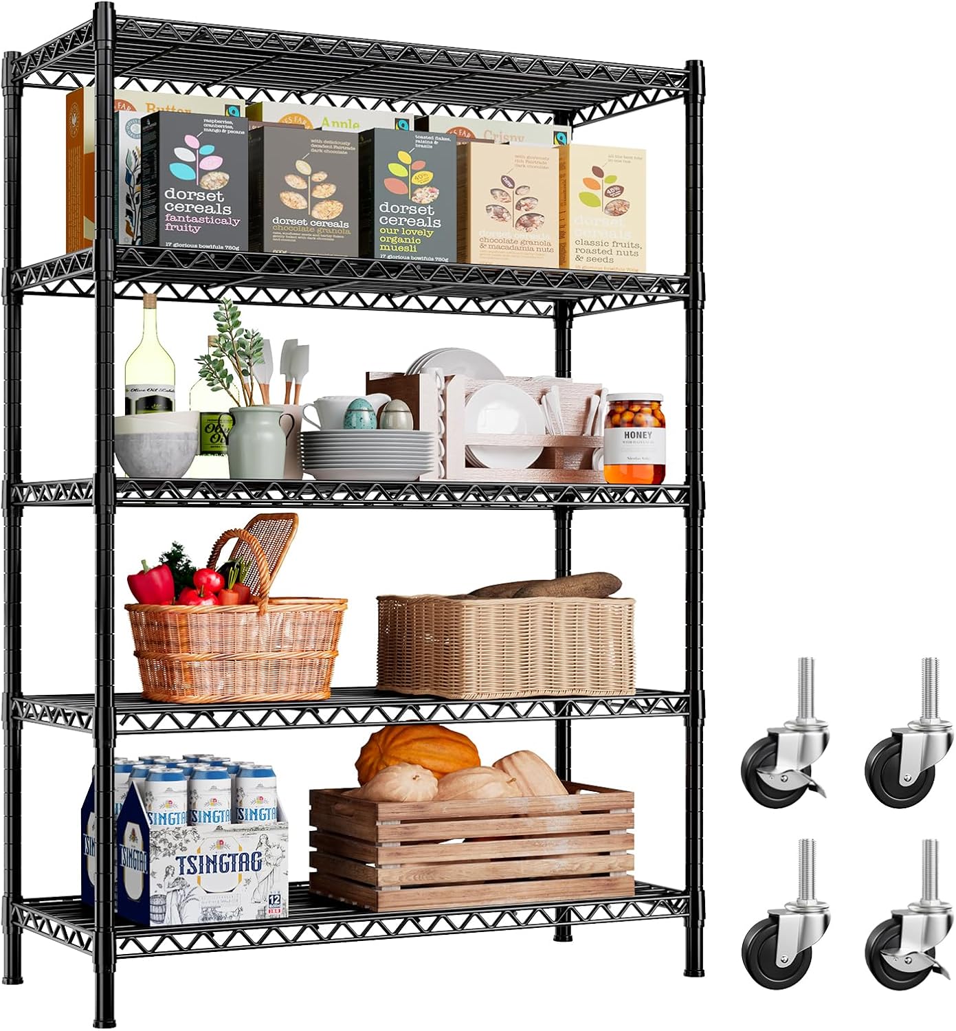 REIBII 73''H Storage Shelves 1660LBS Wire Shelving Unit with Wheels 5 Tier Metal Shelving, Heavy Duty Metal Shelves for Storage Rack