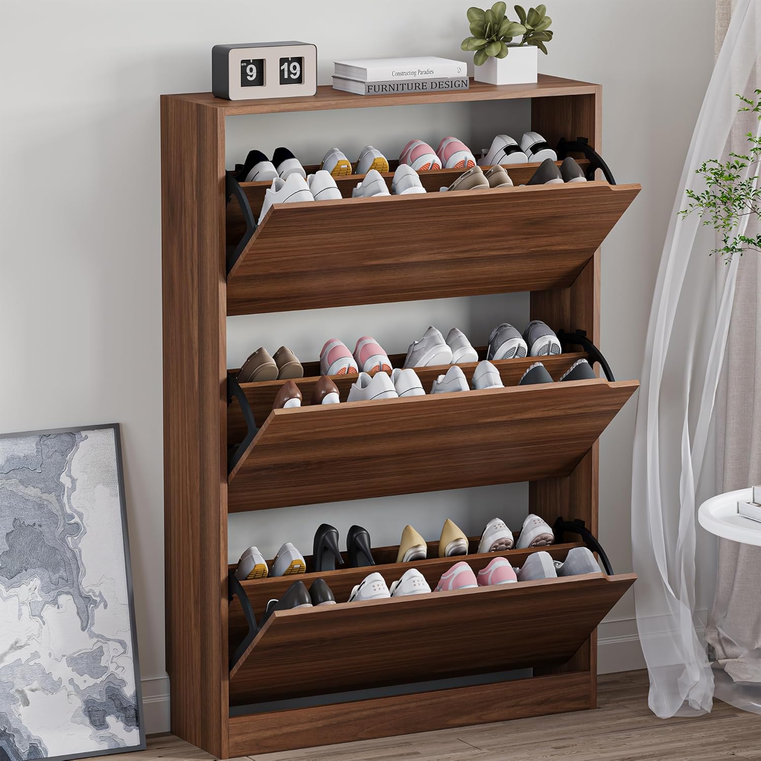 BORNOON Shoe Cabinet with 3 Flip Drawers, Hidden Wood Shoe Cabinet, Freestanding Shoe Storage Cabinet for Entryway Hallway.White. 47.2" H*31.5" W*9