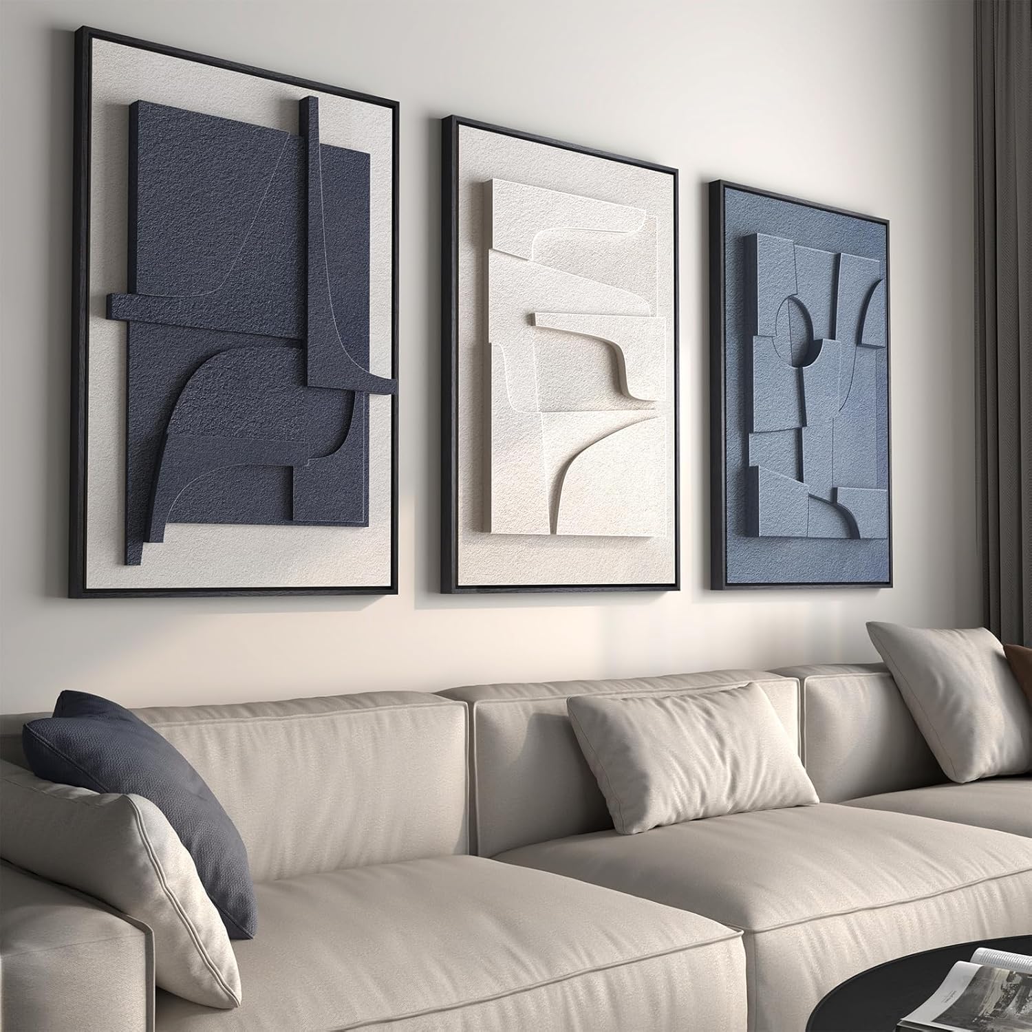 Large 3D Textured Framed Boho Modern Neutral Abstract Wall Art for Living Room, 3 Piece Black White Brown Paintings Artwork for Walls
