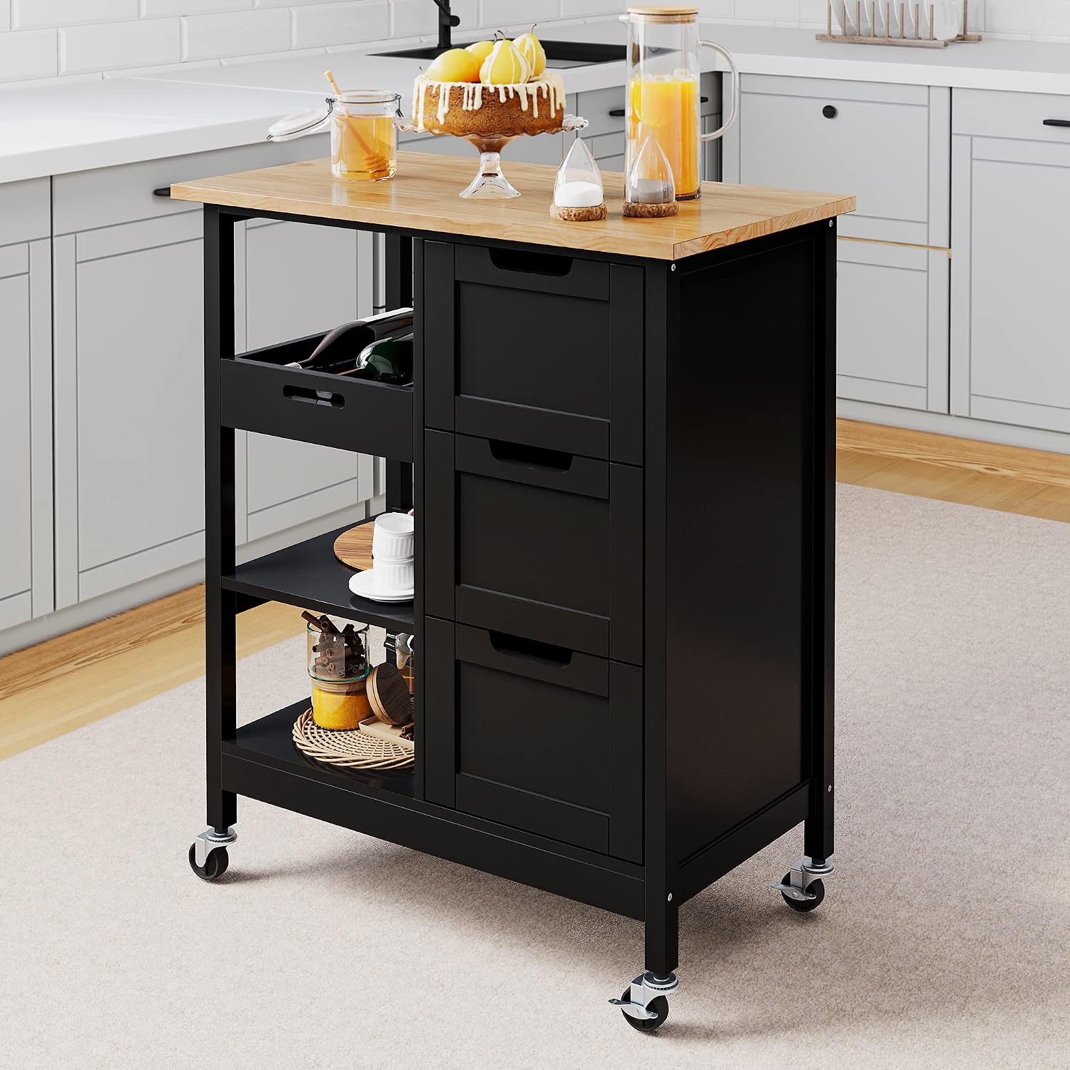 YITAHOME Small Solid Wood Top Kitchen Island Cart on Wheels with Storage, Rolling Portable Dining Room Serving Utility Carts Mobile Movable with 3