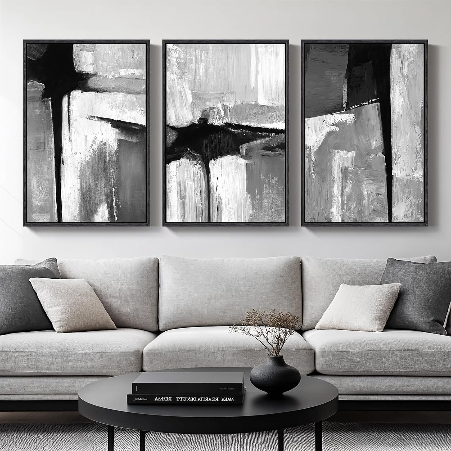 Large Framed Boho Modern Neutral Abstract Wall Art for Living Room, 3 Piece Black and White Canvas Prints Paintings Artwork for Walls