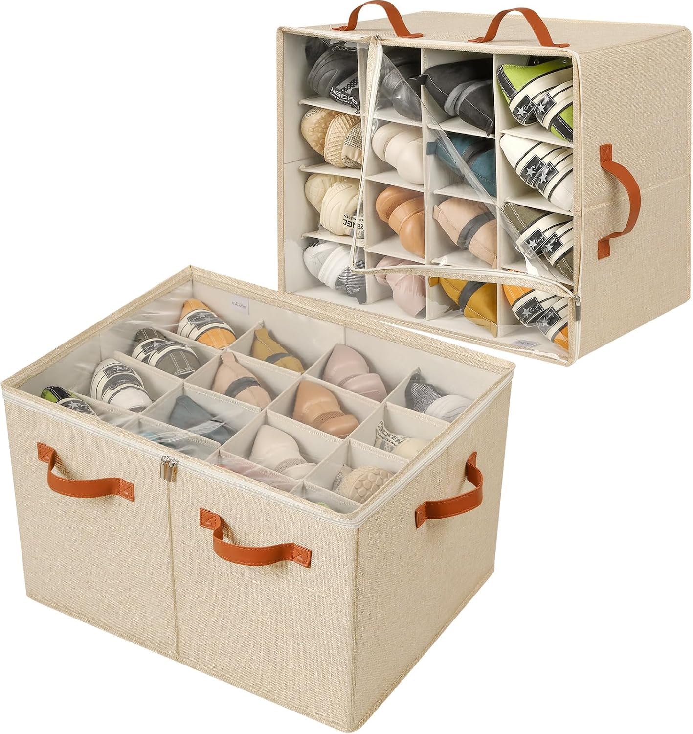 TOPIA HOME Shoe Organizer for Closet, Foldable Shoe Box with Adjustable Dividers and Clear Cover