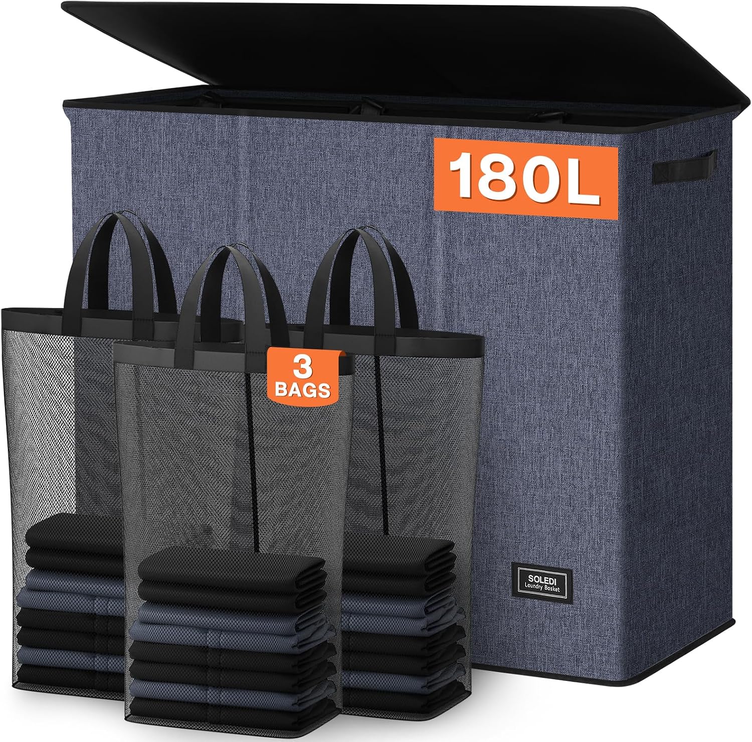 SOLEDI 180L Laundry Hamper 3 Section, Extra Large Laundry Hamper with Lid, Dirty Clothes Hamper with Sturdy Handle