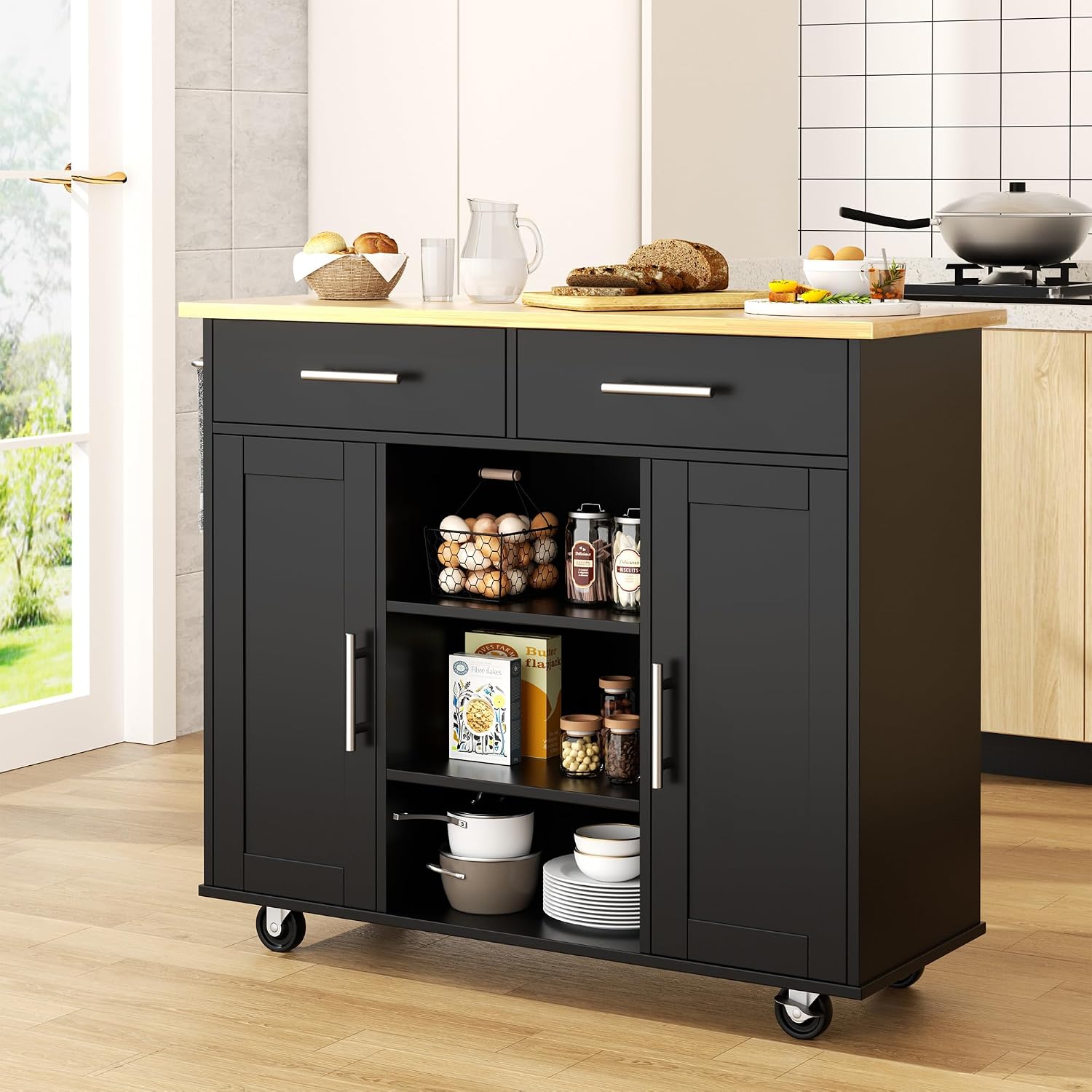 Shintenchi Kitchen Island cart with Storage, Portable Bar Cabinet on Wheels, Rolling Microwave Cart Side Table with Workstation for Kitchen, White