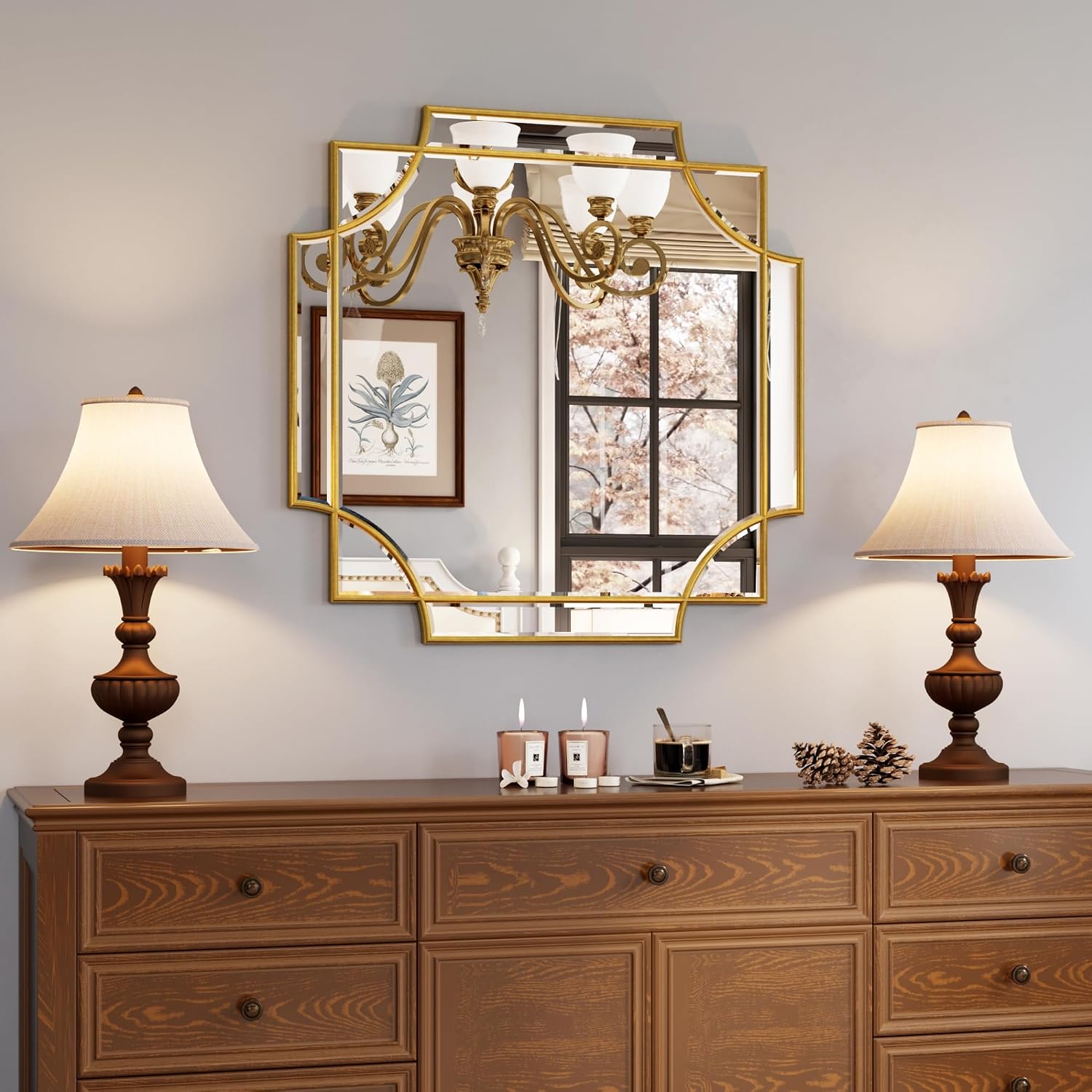 Kelly Miller 24"x48" Gold Foil Scalloped Edge Decorative Vanity Wall Mirror, Hand-Applied Gold Foil Finish. HD Mirror With French Cleat. Elegant