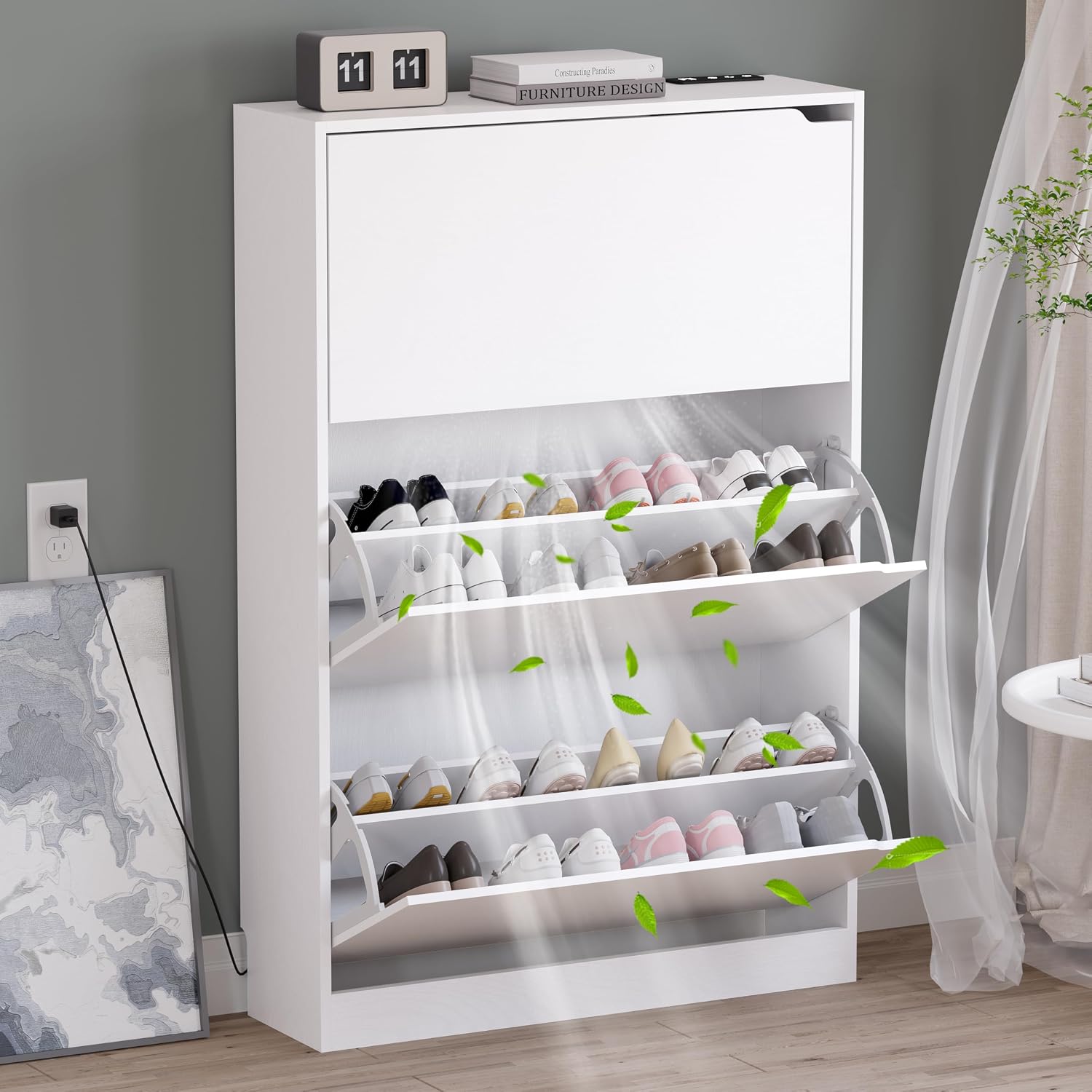 BORNOON Shoe Cabinet with Odor Control and Back Panels, Deodorizing Slim 3-Flip Shoe Storage Cabinet for Entryway