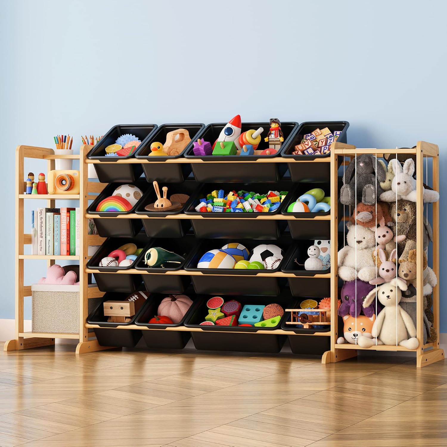 Toy Storage Organizer with Bookshelf and Stuffed Animal Storage - Playroom Organization with Shelves and 16 Bins - Living Room Box for Lego - Nursery