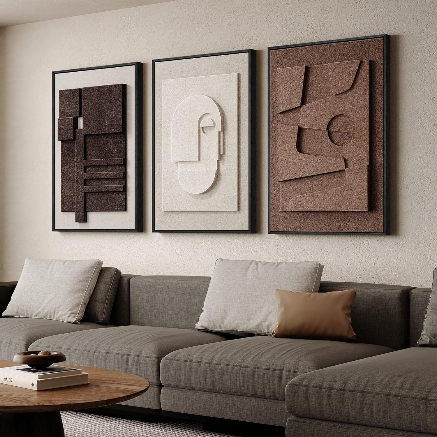 3D Wood Textured Large Neutral Abstract Wall Art, Modern Beige Brown Geometric Paintings Artwork for Walls-Minimalist Wooden Wall Art Decor for Living
