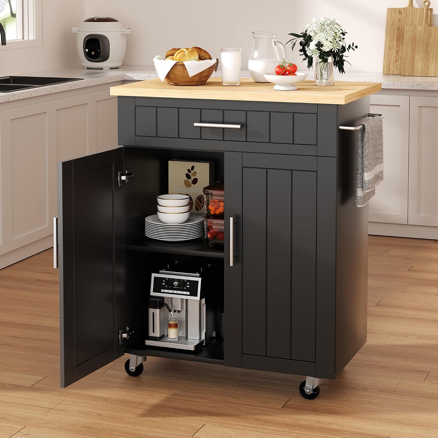 Shintenchi Kitchen Island cart with Storage, Portable Bar Cabinet on Wheels, Rolling Microwave Cart Side Table with Workstation for Kitchen, White