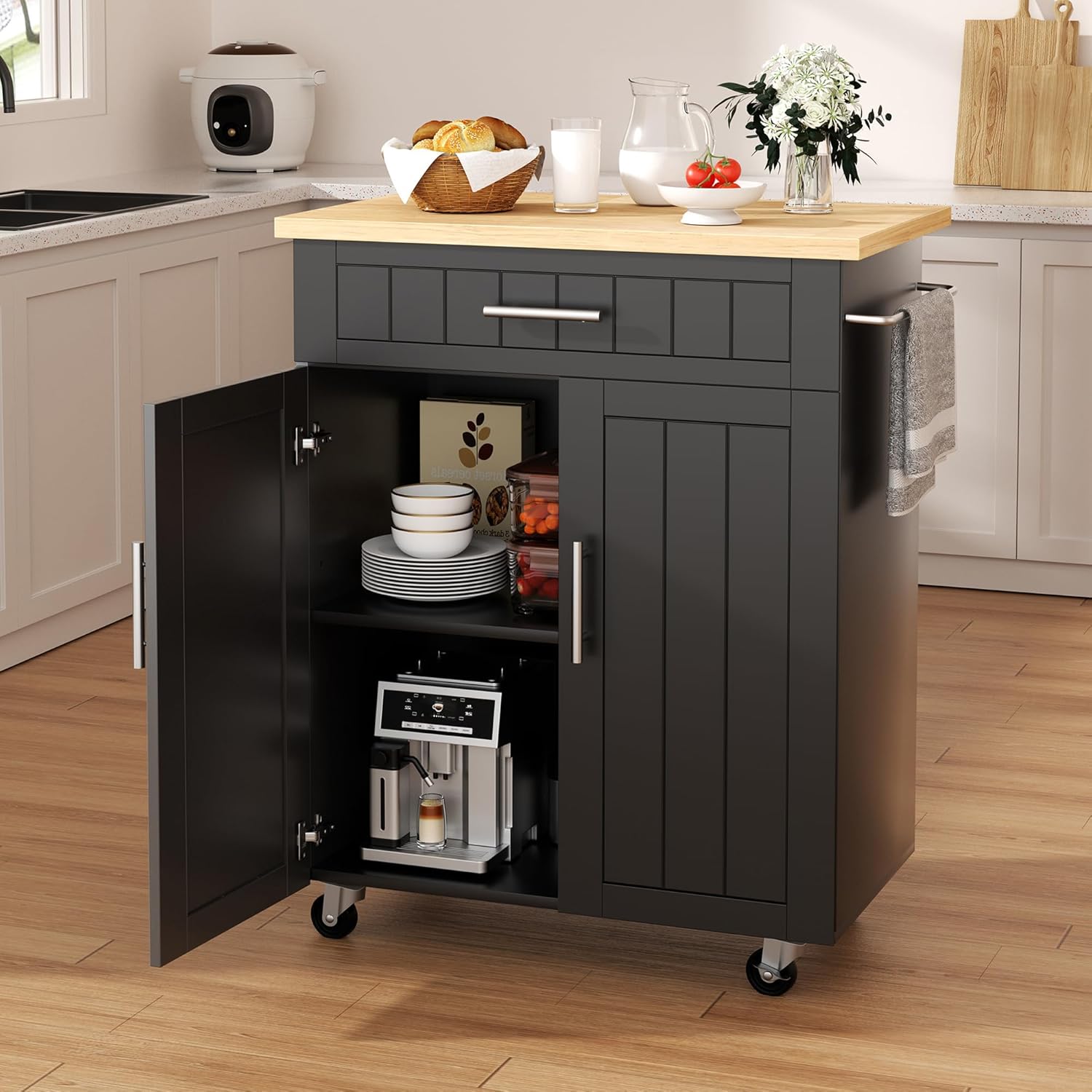 Shintenchi Kitchen Island cart with Storage, Portable Bar Cabinet on Wheels, Rolling Microwave Cart Side Table with Workstation for Kitchen, Black