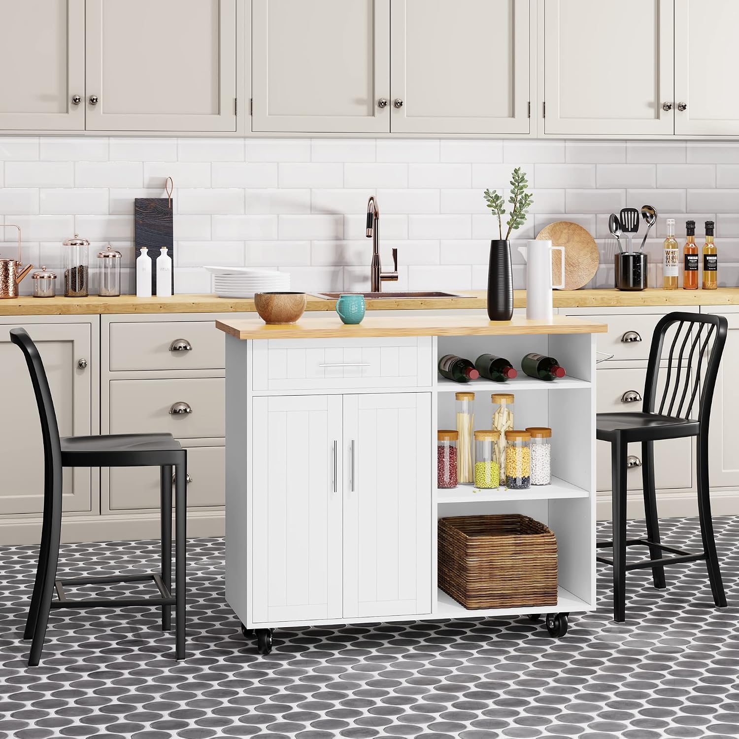 Shintenchi Kitchen Island Cart with Storage, Rolling Side Table on Wheels with Worktop, Single Door Cabinet and Drawer for Dining Room, White