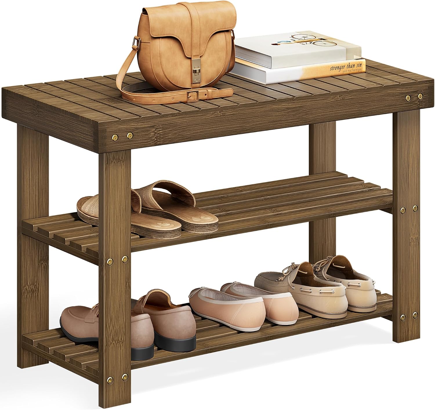 SONGMICS Shoe Rack Bench, 3-Tier Bamboo Shoe Storage Organizer, Entryway Bench, Holds Up to 286 lb, 11.3 x 35.4 x 17.8 Inches