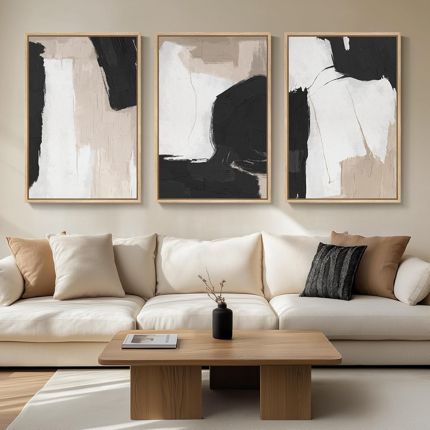 Large Framed Neutral Abstract Wall Art for Living Room, 3 Piece Modern Canvas Prints Paintings Artwork for Walls