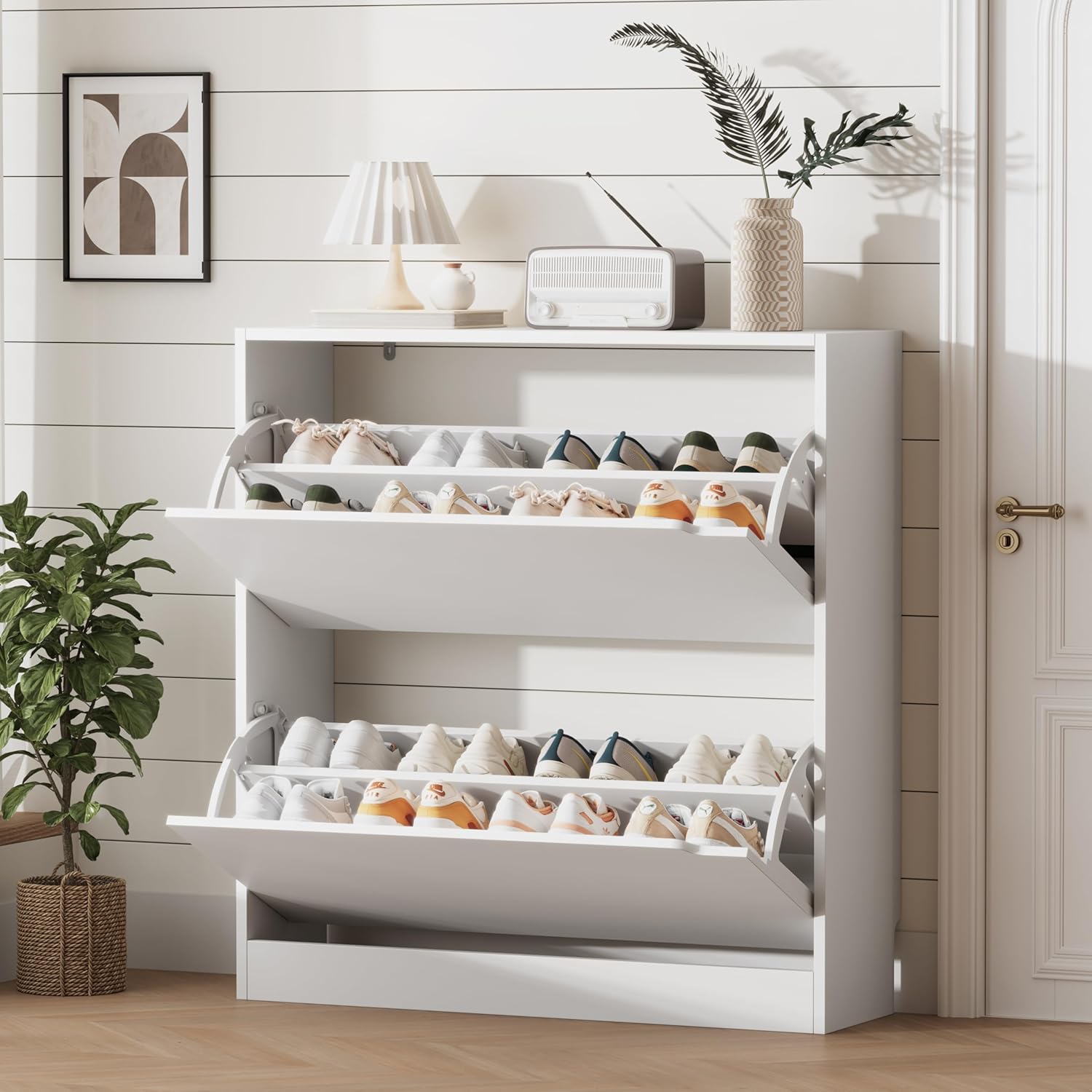 Shoe Storage Cabinet for Entryway with 3 Flip Drawers, Sturdy Wood Hidden Shoe Storage
