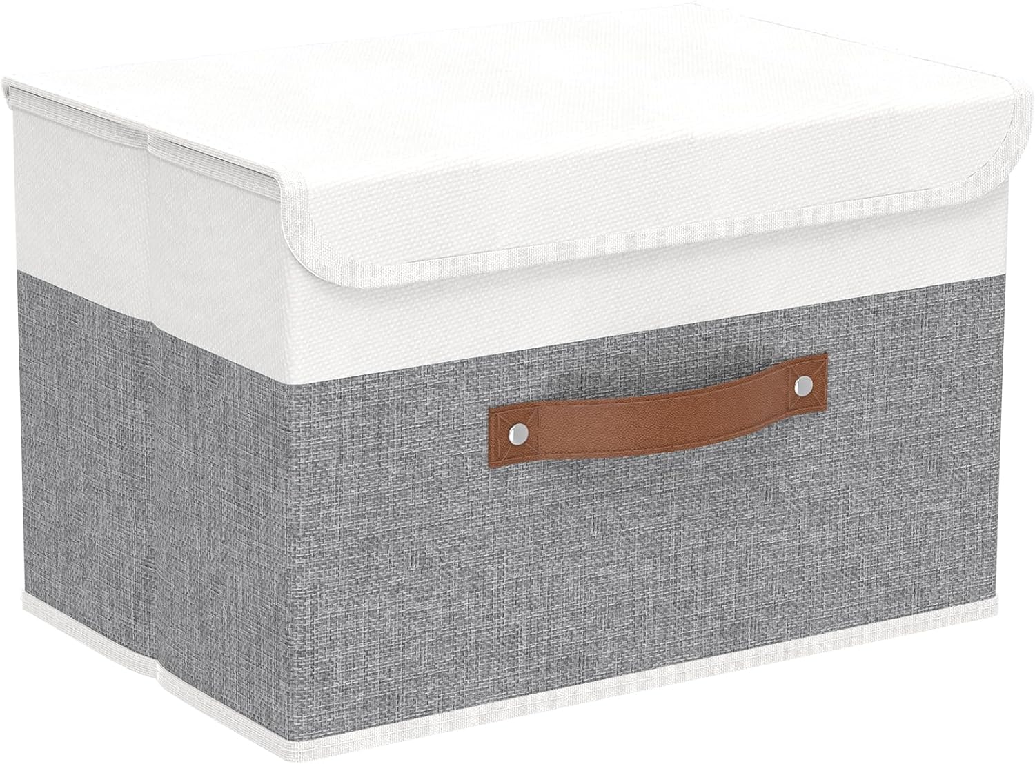 Yawinhe Collapsible Storage Boxes, Linen Fabric Baskets, Bin with lid and Leather Handle, Washable, for Home, Closet, Beige, 17.7''Lx11.8''Wx11.8''H