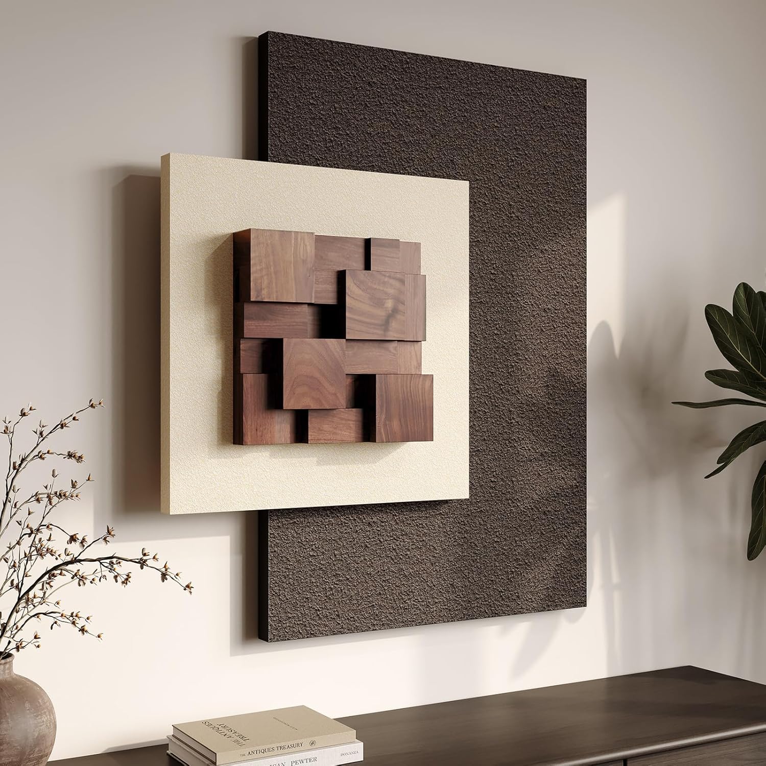 3D Wood Textured Large Neutral Abstract Wall Art, Modern Beige Brown Geometric Paintings Artwork for Walls-Minimalist Wooden Wall Art Decor for Living