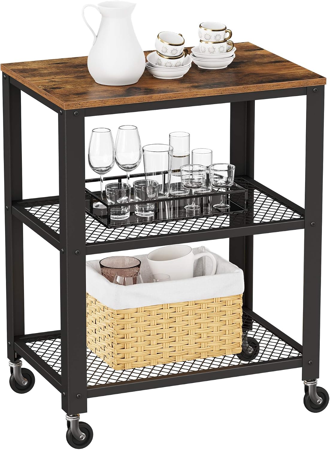 VASAGLE Kitchen Shelf on Wheels, 31.5 Inches Serving Cart with 3 Shelves, Kitchen Cart, Microwave Shelf, for Mini Oven, Toaster, with 6 Hooks