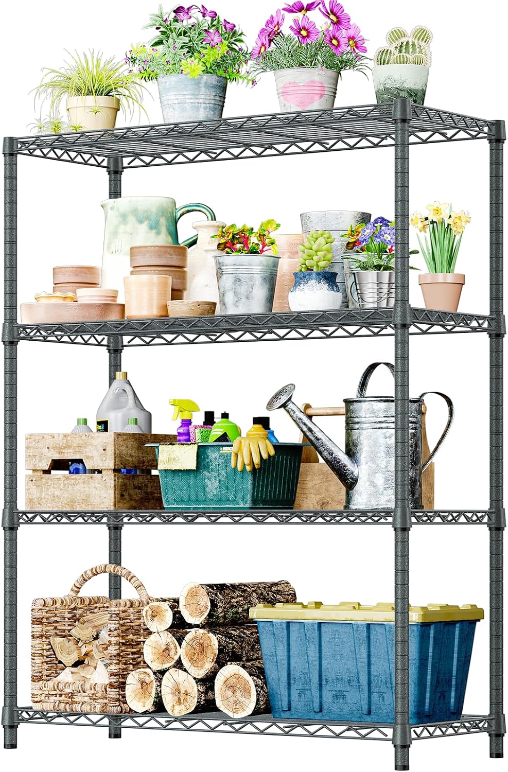 Garage Shelving Wide Storage Shelves 4 Tier Metal Shelves 3200 LBS Heavy Duty Adjustable Utility Shelf Rack Black 23.6" D x 53.1" W x 73.6" H