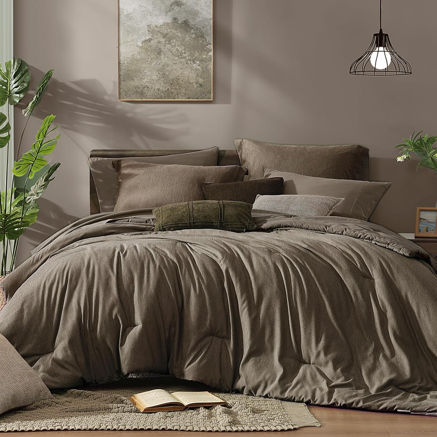 Monbix King Size Comforter Set, Olive Green King Bed Set Reversible, King Size Comforter Set 7 Pieces, Cationic Dyeing Bed in a Bag with Comforter
